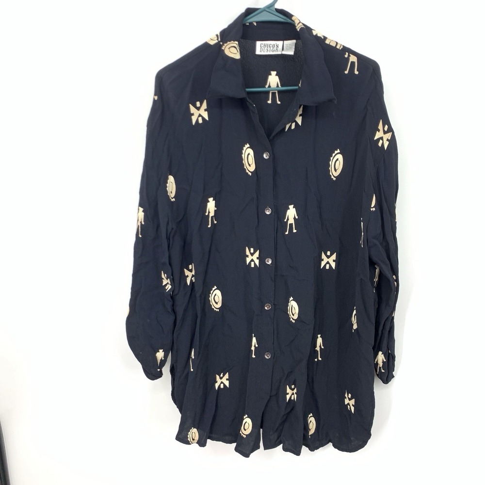 Chicos Design Women Size 2 Large Shirt Vintage Button Front Tunic Aztec Black
